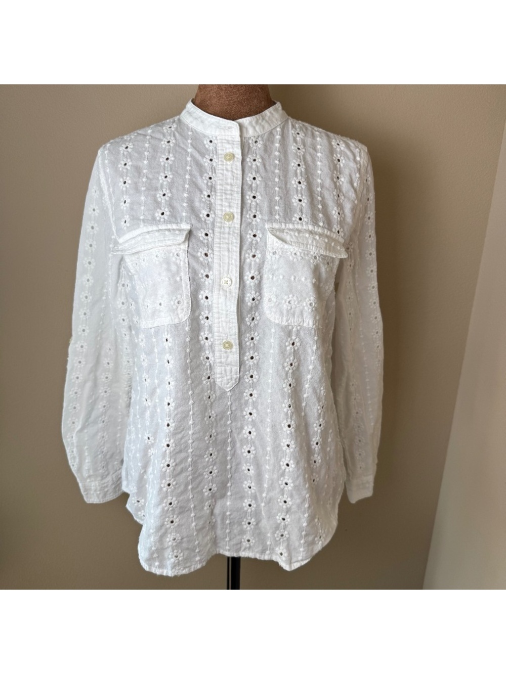 Loft Eyelet Popover Blouse Womens Medium Petite White Shirt Top Cottage Prairie